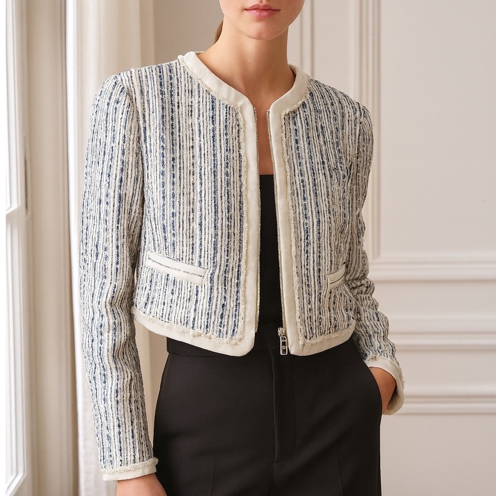 Adam Lippes Tweed Cropped Jacket‎ Womens Size 10 Blue Silk Blend $395 USD Coat